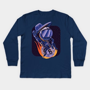 Funny Crypto Astronaut Riding Bidcoin to the Moon Kids Long Sleeve T-Shirt